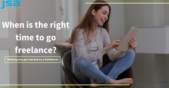 Woman sat on chair looking at tablet. Text reads: When is the right time to go freelance?
